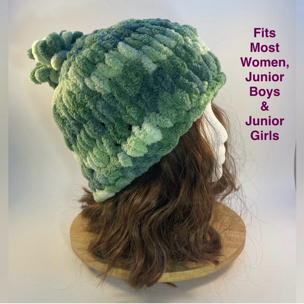 Handmade Women’s/Junior’s Winter Hat With Loopy Pom-Pom - Variegated Green